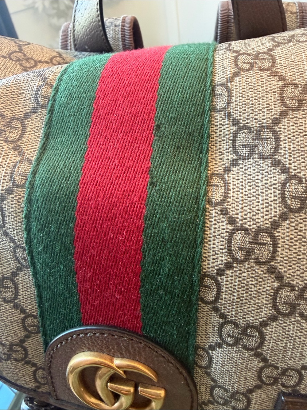 Gucci GG Supreme Coated Canvas Backpack with Red & Green Stripe and Brown Trim - Picture 15 of 16